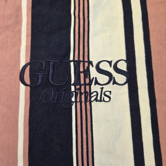 Guess Originals Striped T-Shirt Mens Medium Navy Pink White Vertical Stripe Logo - Picture 3 of 5